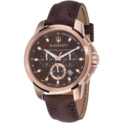 Maserati Watch Men Brown Dial Leather Strap Quartz Battery Analog Chronograph Tachymeter Successo R8871621004