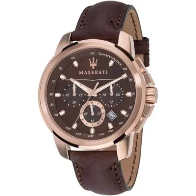 Maserati Watch Men Brown Dial Leather Strap Quartz Battery Analog Chronograph Tachymeter Successo R8871621004 - Tia