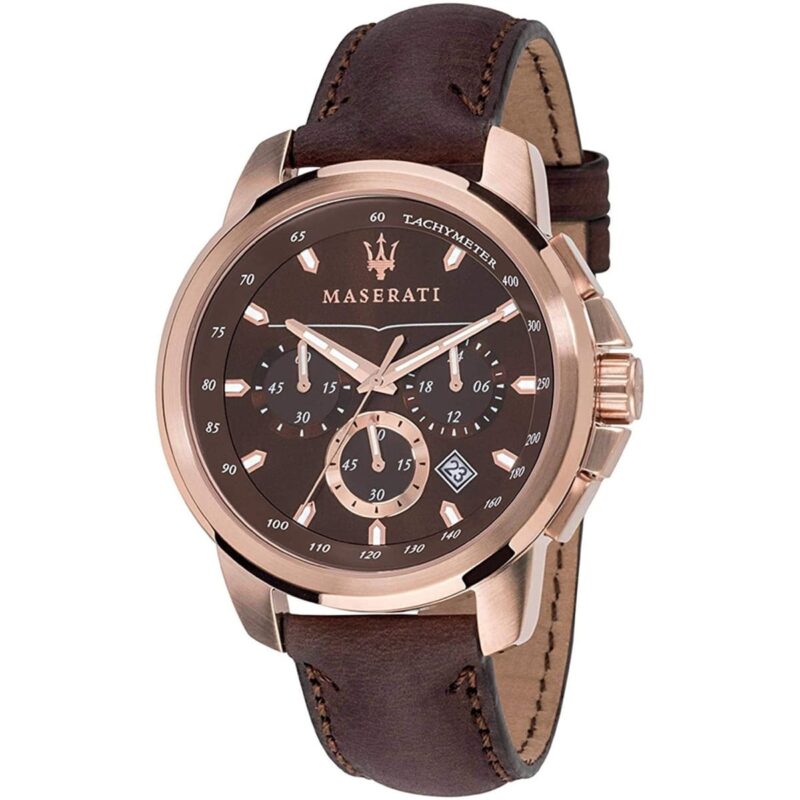 Maserati Watch Men Brown Dial Leather Strap Quartz Battery Analog Chronograph Tachymeter Successo R8871621004