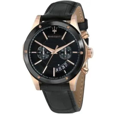 Maserati Watch Men Black Dial Leather Strap Quartz Battery Analog Chronograph Water Resistant 10 Atm Circuito R8871627001