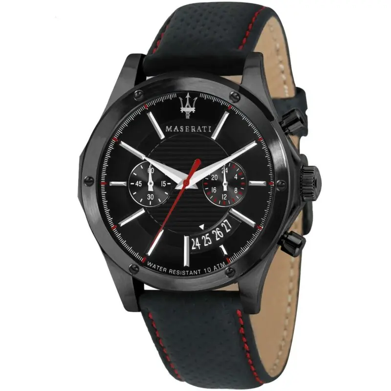 Maserati Watch Men Black Dial Leather Strap Quartz Battery Analog Chronograph Water Resistant 10 Atm Circuito R8871627004