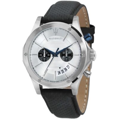 Maserati Watch Men Silver Dial Leather Black Strap Quartz Battery Analog Chronograph Water Resistant 10 Atm Circuito R8871627005