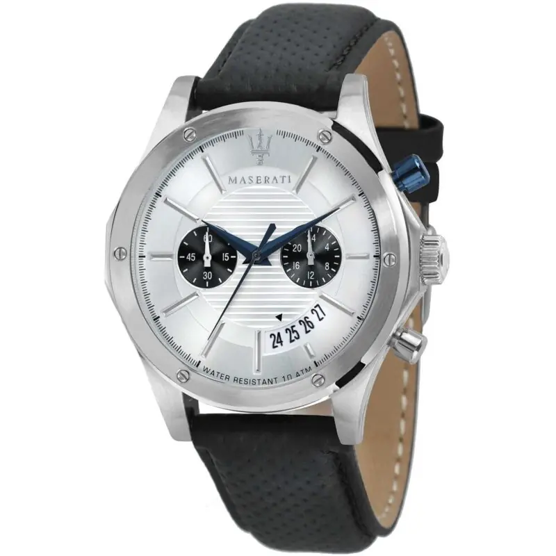 Maserati Watch Men Silver Dial Leather Black Strap Quartz Battery Analog Chronograph Water Resistant 10 Atm Circuito R8871627005