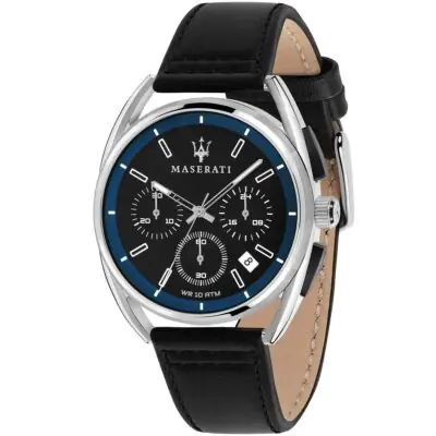 Maserati Watch Men Black Blue Dial Leather Strap Quartz Battery Analog Chronograph Wr 10 Atm Trimarano R8871632001