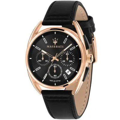 Maserati Watch Men Black Dial Leather Strap Quartz Battery Analog Chronograph Wr 10 Atm Trimarano R8871632002