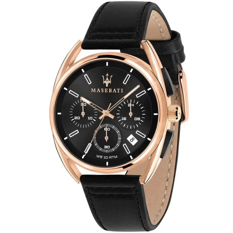 Maserati Watch Men Black Dial Leather Strap Quartz Battery Analog Chronograph Wr 10 Atm Trimarano R8871632002