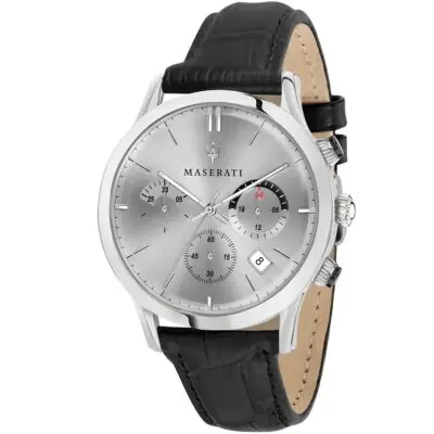 Maserati Watch Men Silver Dial Leather Black Strap Quartz Battery Analog Chronograph Ricordo R8871633001 - Tia