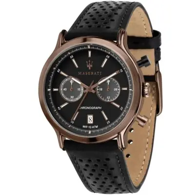 Maserati Watch Men Black Dial Leather Strap Quartz Battery Analog Chronograph Wr 10 Atm Legend R8871638001