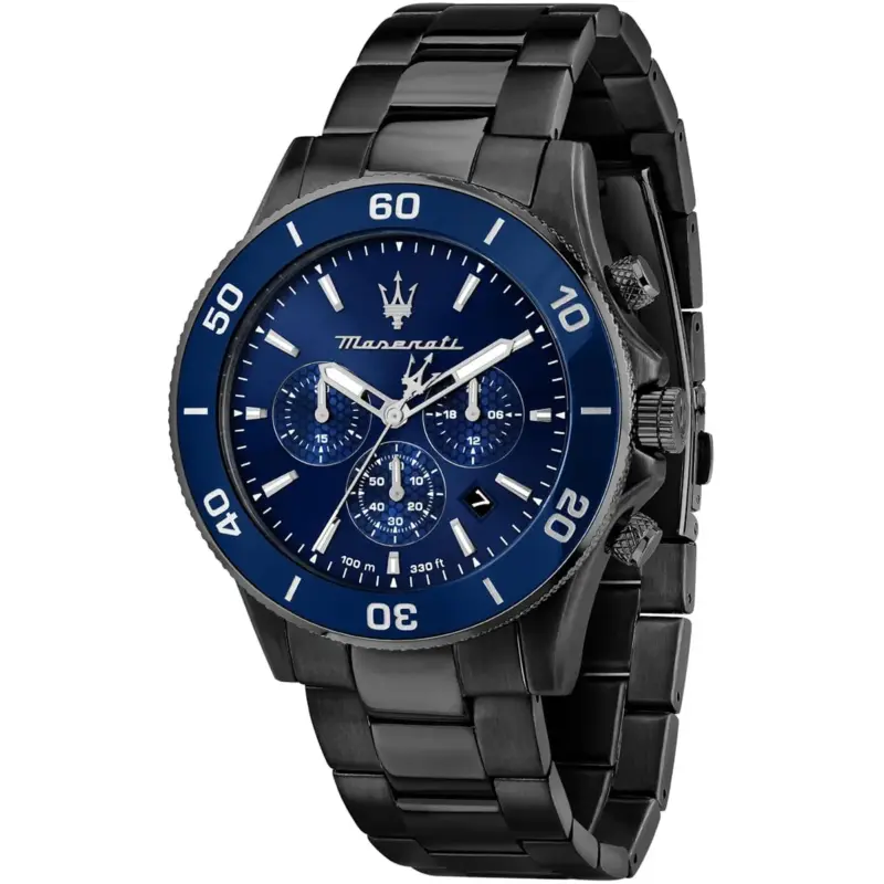 Maserati Watch Men 100m 330ft Blue Dial Metal Stainless Steel Black Strap Quartz Battery Analog Chronograph Competizione R8873600005