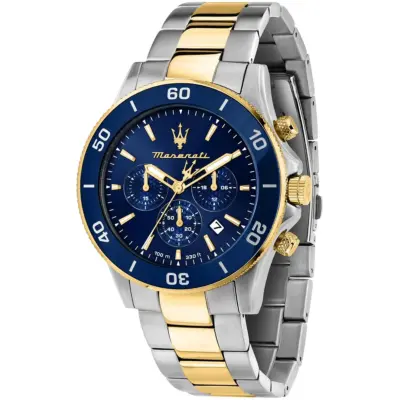 Maserati Two Tone Watch Men Blue Dial Metal Stainless Steel Silver Gold Strap Quartz Battery Analog Chronograph Competizione R8873600006