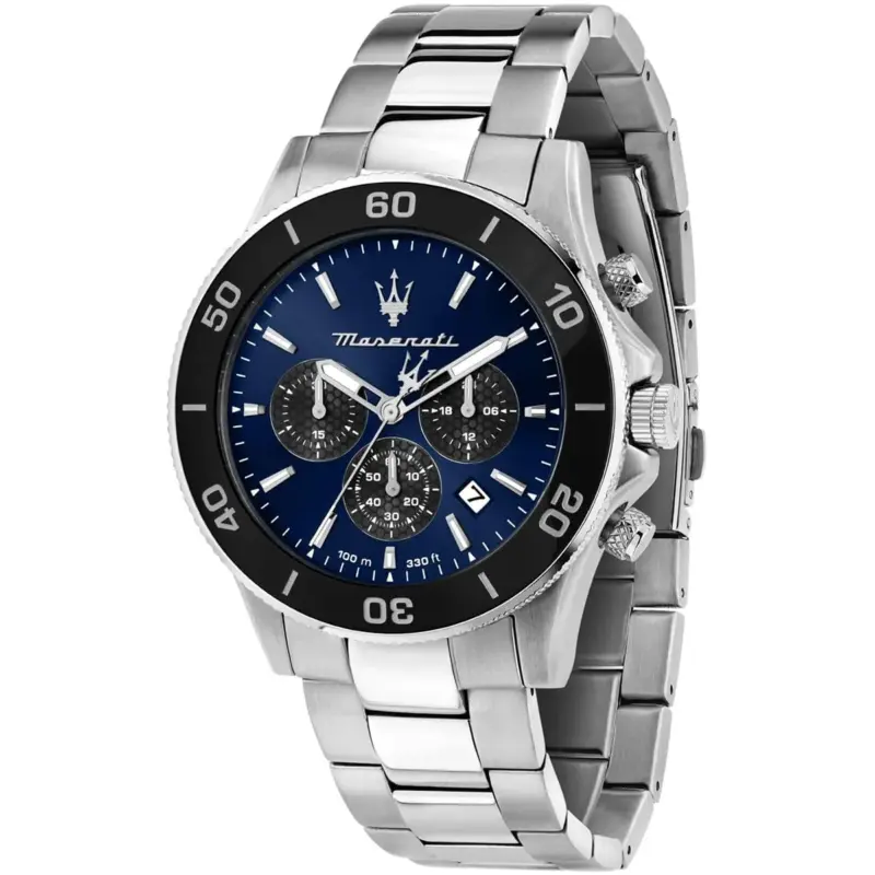 Maserati Watch Men 100m 330ft Blue Dial Metal Stainless Steel Silver Strap Quartz Battery Analog Chronograph Competizione R8873600009