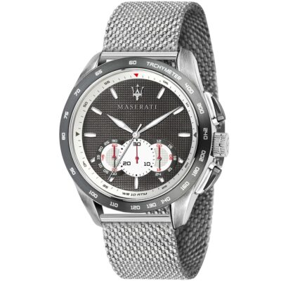 Maserati Watch Men Gray Dial Metal Stainless Steel Silver Mesh Strap Quartz Battery Analog Chronograph Tachymeter Wr 10 Atm Traguardo R8873612008
