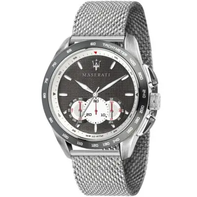 Maserati Watch Men Gray Dial Metal Stainless Steel Silver Mesh Strap Quartz Battery Analog Chronograph Tachymeter Wr 10 Atm Traguardo R8873612008 - Tia