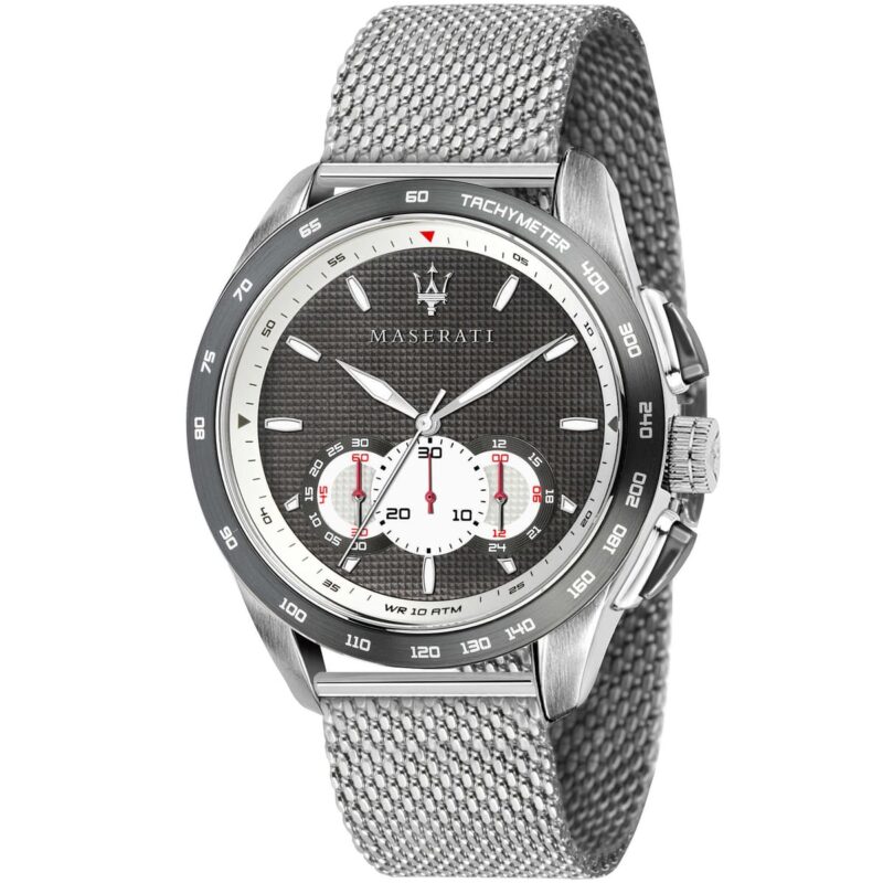 Maserati Watch Men Gray Dial Metal Stainless Steel Silver Mesh Strap Quartz Battery Analog Chronograph Tachymeter Wr 10 Atm Traguardo R8873612008