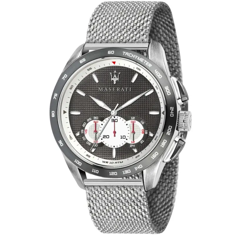 Maserati Watch Men Gray Dial Metal Stainless Steel Silver Mesh Strap Quartz Battery Analog Chronograph Tachymeter Wr 10 Atm Traguardo R8873612008