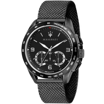 Maserati Watch Men Black Dial Metal Stainless Steel Mesh Strap Quartz Battery Analog Chronograph Tachymeter Wr 10 Atm Traguardo R8873612031