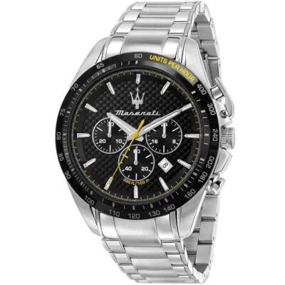 Maserati Watch Men Black Dial Metal Stainless Steel Silver Strap Quartz Battery Analog Chronograph 330ft 100m Traguardo R8873612042 - Tia