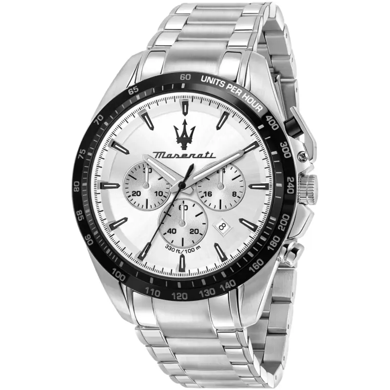 Maserati Watch Men 330ft 100m Silver Dial Metal Stainless Steel Strap Quartz Battery Analog Chronograph Traguardo R8873612049