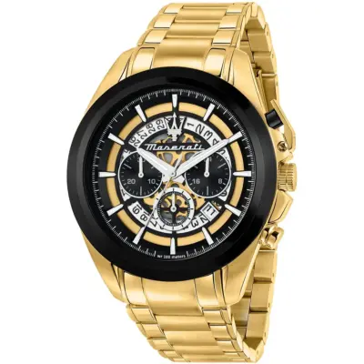 Maserati Watch Men Wr 100 Meters Black Dial Metal Stainless Steel Gold Strap Quartz Battery Analog Chronograph Traguardo R8873612058