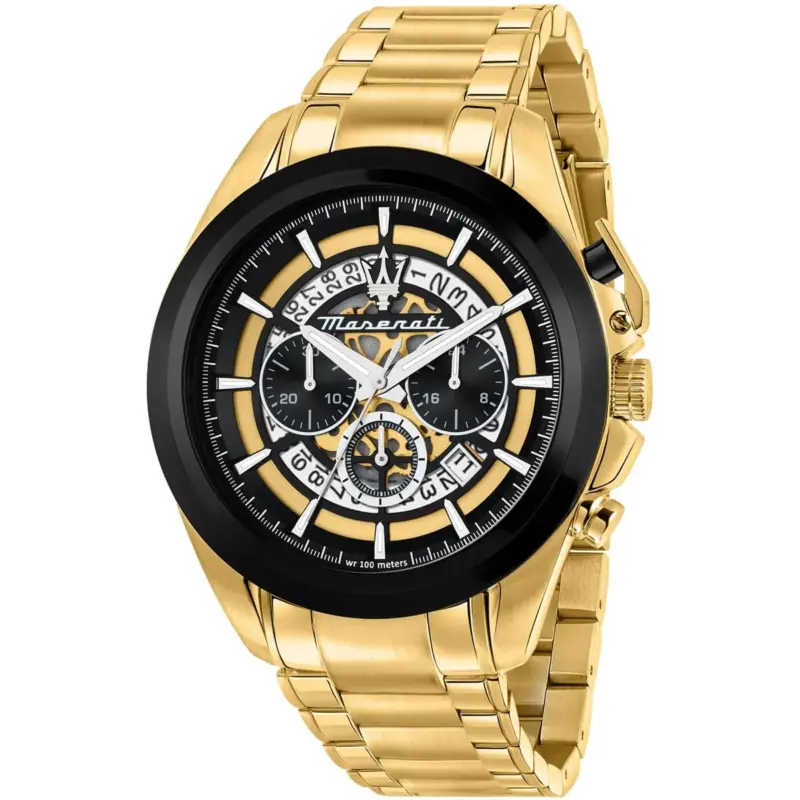 Maserati Watch Men Wr 100 Meters Black Dial Metal Stainless Steel Gold Strap Quartz Battery Analog Chronograph Traguardo R8873612058