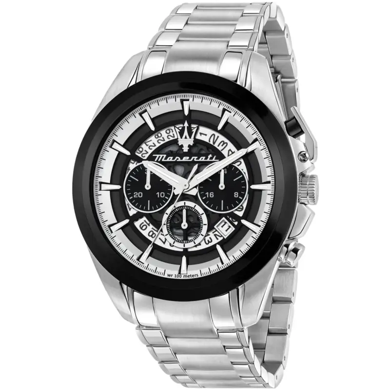 Maserati Watch Men Wr 100 Meters Black Dial Metal Stainless Steel Silver Strap Quartz Battery Analog Chronograph Traguardo R8873612059