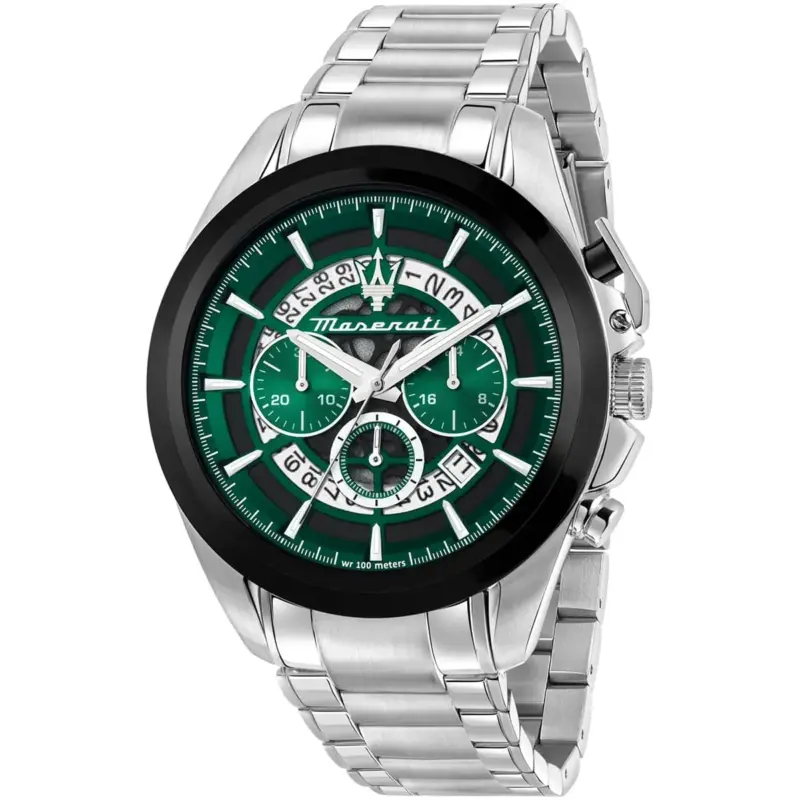 Maserati Watch Men Wr 100 Meters Green Dial Metal Stainless Steel Silver Strap Quartz Battery Analog Chronograph Traguardo R8873612060