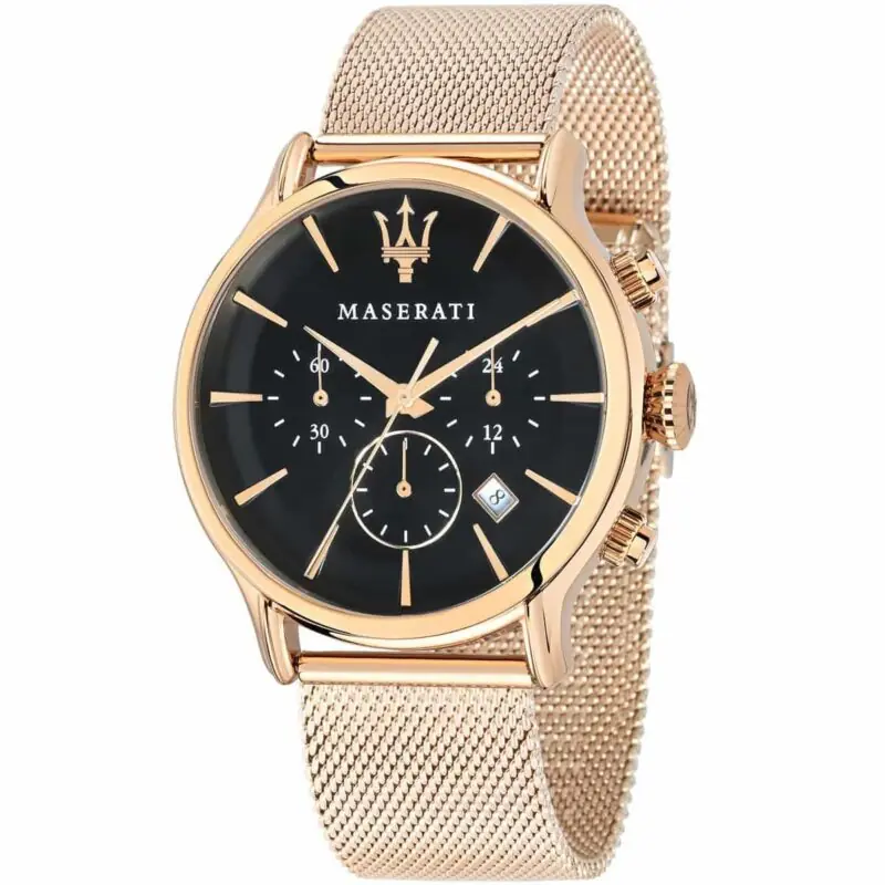 Maserati Watch Men Black Dial Metal Stainless Steel Rose Gold Mesh Strap Quartz Battery Analog Chronograph Epoca R8873618005