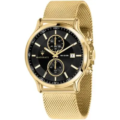 Maserati Watch Men Black Dial Metal Stainless Steel Gold Mesh Strap Quartz Battery Analog Chronograph Wr 10 Atm Epoca R8873618007