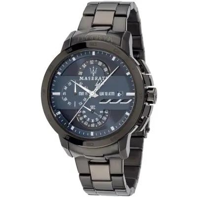 Maserati Watch Men Blue Dial Metal Stainless Steel Black Strap Quartz Battery Analog Chronograph Wr 10 Atm Ingegno R8873619001 - Tia