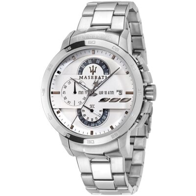 Maserati Watch Men White Dial Metal Stainless Steel Silver Strap Quartz Battery Analog Chronograph Wr 10 Atm Ingegno R8873619004