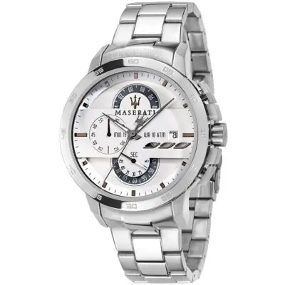 Maserati Watch Men White Dial Metal Stainless Steel Silver Strap Quartz Battery Analog Chronograph Wr 10 Atm Ingegno R8873619004