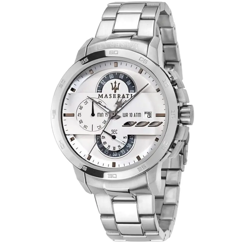 Maserati Watch Men White Dial Metal Stainless Steel Silver Strap Quartz Battery Analog Chronograph Wr 10 Atm Ingegno R8873619004