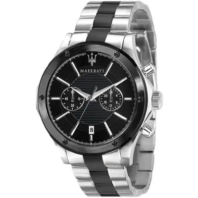 Maserati Watch Men Black Dial Metal Stainless Steel Silver Strap Quartz Battery Analog Chronograph Circuito R8873627003 - Tia