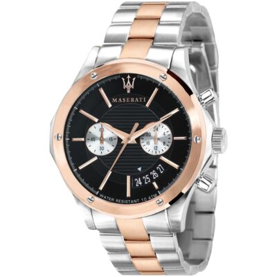 Maserati Watch Men Black Dial Metal Stainless Steel Silver Rose Gold Two Tone Strap Quartz Battery Analog Chronograph Water Resistant 10 Atm Circuito R8873627004