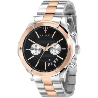 Maserati Watch Men Black Dial Metal Stainless Steel Silver Rose Gold Two Tone Strap Quartz Battery Analog Chronograph Water Resistant 10 Atm Circuito R8873627004