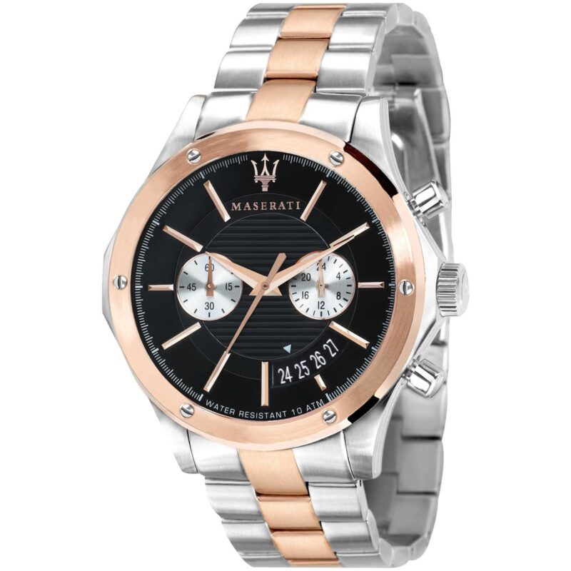 Maserati Watch Men Black Dial Metal Stainless Steel Silver Rose Gold Two Tone Strap Quartz Battery Analog Chronograph Water Resistant 10 Atm Circuito R8873627004