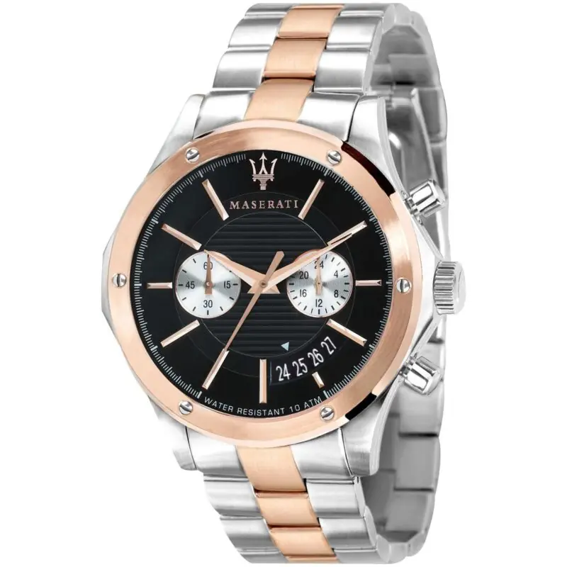 Maserati Watch Men Black Dial Metal Stainless Steel Silver Rose Gold Two Tone Strap Quartz Battery Analog Chronograph Water Resistant 10 Atm Circuito R8873627004