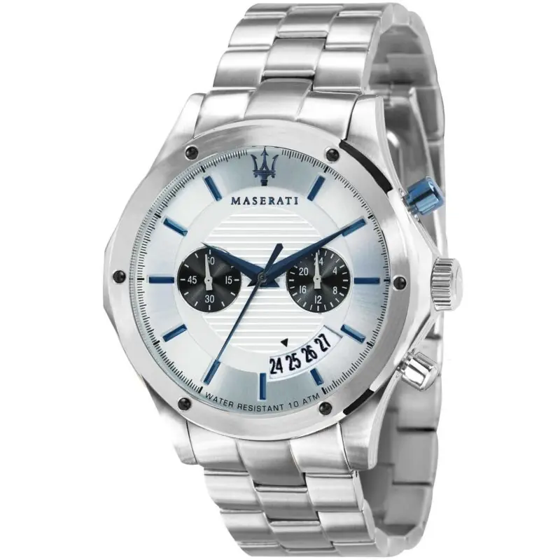 Maserati Watch Men Silver Dial Metal Stainless Steel Strap Quartz Battery Analog Chronograph Water Resistant 10 Atm Circuito R8873627005