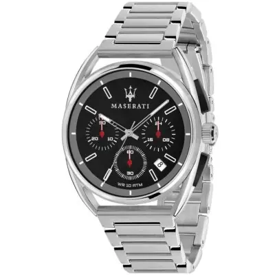 Maserati Watch Men Black Dial Metal Stainless Steel Silver Strap Quartz Battery Analog Chronograph Wr 10 Atm Trimarano R8873632003 - Tia