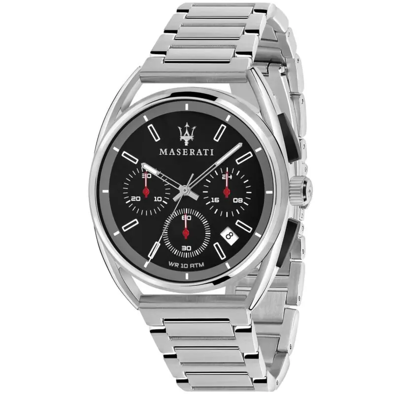 Maserati Watch Men Black Dial Metal Stainless Steel Silver Strap Quartz Battery Analog Chronograph Wr 10 Atm Trimarano R8873632003