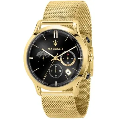 Maserati Watch Men Black Dial Metal Stainless Steel Gold Strap Quartz Battery Analog Chronograph Ricordo R8873633003