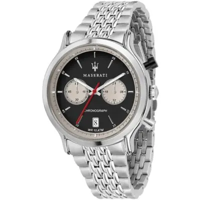 Maserati Watch Men Black Dial Metal Stainless Steel Silver Strap Quartz Battery Analog Chronograph Wr 10 Atm Legend R8873638001 - Tia