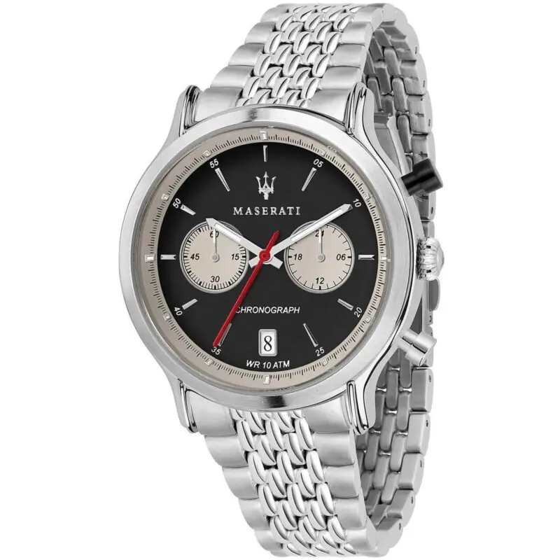 Maserati Watch Men Black Dial Metal Stainless Steel Silver Strap Quartz Battery Analog Chronograph Wr 10 Atm Legend R8873638001