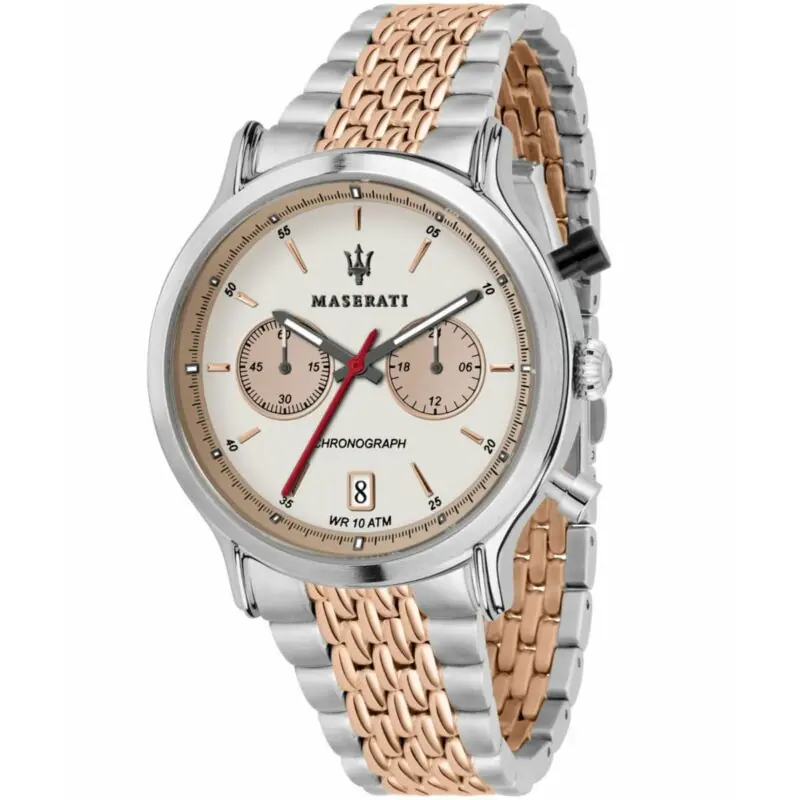 Maserati Watch Men White Dial Metal Stainless Steel Silver Rose Gold Two Tone Strap Quartz Battery Analog Chronograph Wr 10 Atm Legend R8873638002