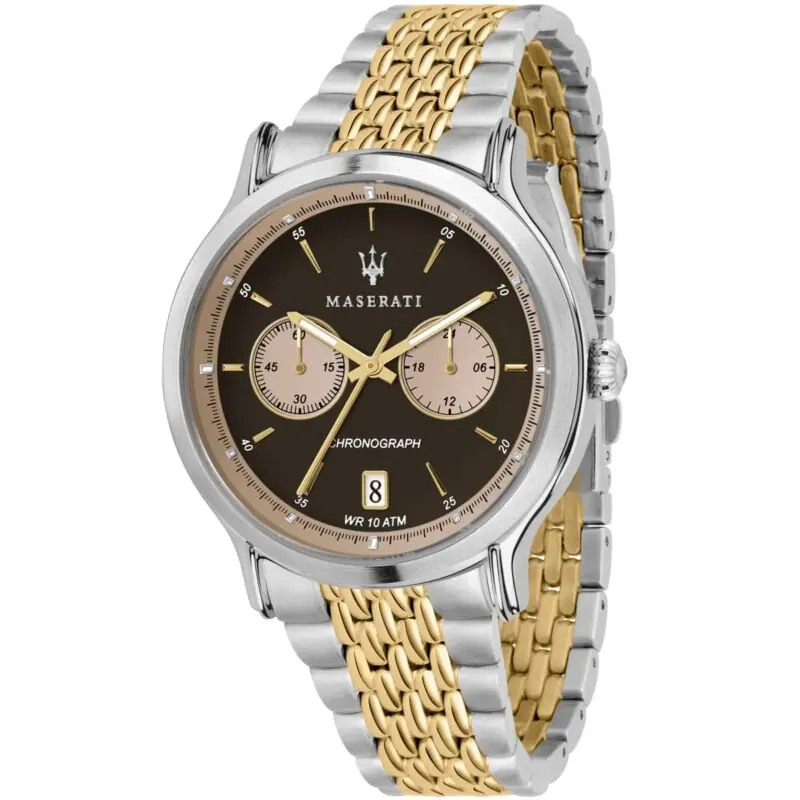 Maserati Watch Men Brown Dial Metal Stainless Steel Silver Gold Two Tone Strap Quartz Battery Analog Chronograph Wr 10 Atm Legend R8873638003