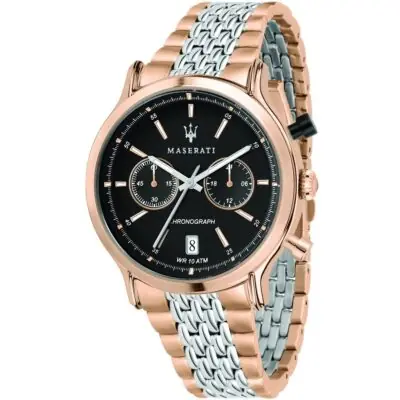 Maserati Watch Men Black Dial Metal Stainless Steel Silver Rose Gold Two Tone Strap Quartz Battery Analog Chronograph Wr 10 Atm Legend R8873638005