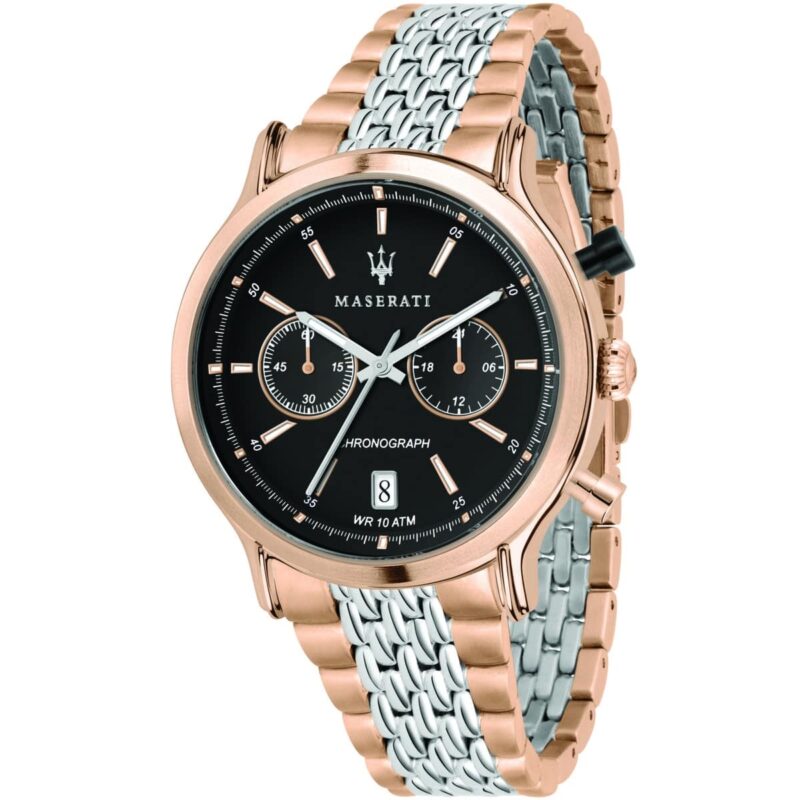 Maserati Watch Men Black Dial Metal Stainless Steel Silver Rose Gold Two Tone Strap Quartz Battery Analog Chronograph Wr 10 Atm Legend R8873638005
