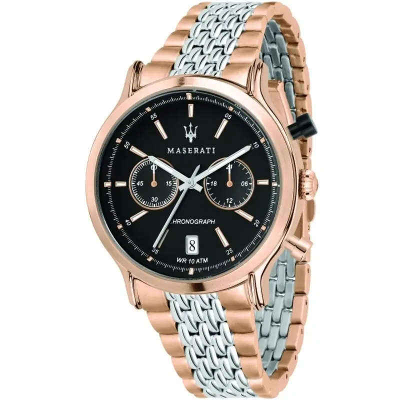 Maserati Watch Men Black Dial Metal Stainless Steel Silver Rose Gold Two Tone Strap Quartz Battery Analog Chronograph Wr 10 Atm Legend R8873638005
