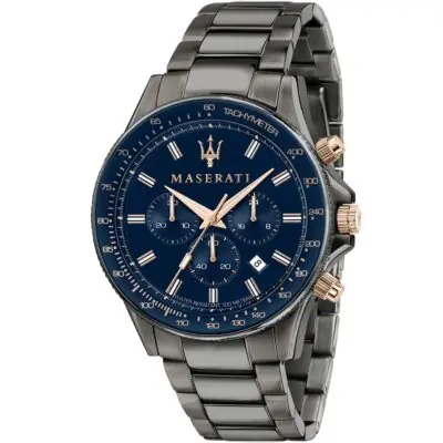 Maserati Watch Men Blue Dial Metal Stainless Steel Gray Strap Quartz Battery Analog Chronograph Tachymeter Water Resistant 100 Meters Sfida R8873640001 - Tia