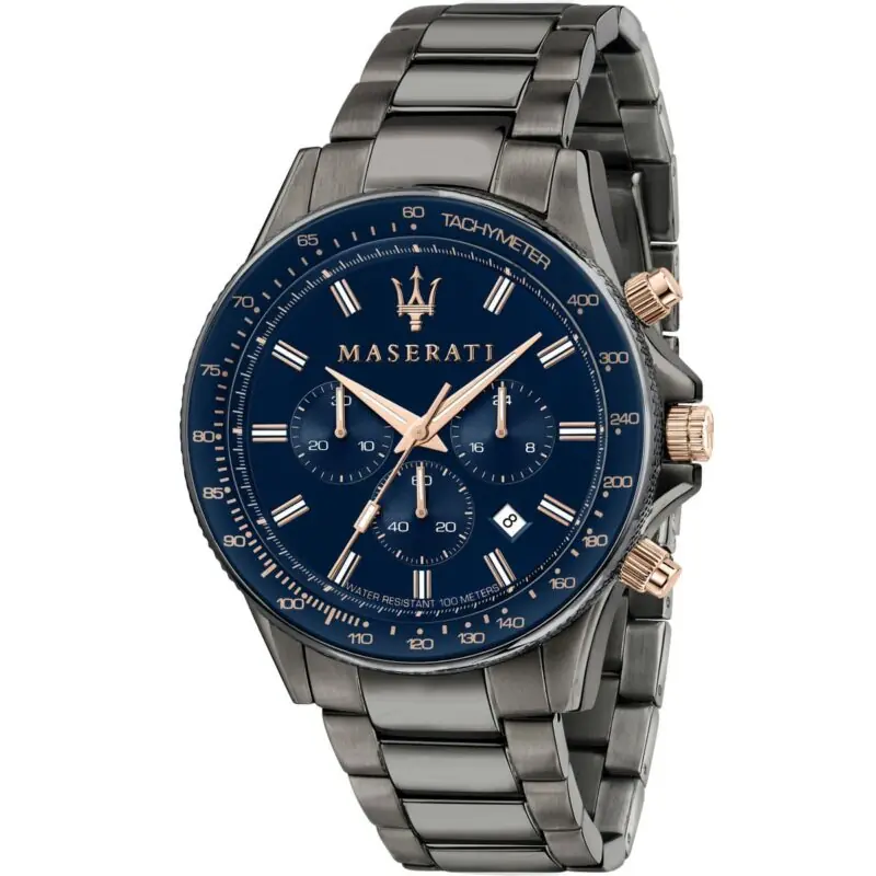 Maserati Watch Men Blue Dial Metal Stainless Steel Gray Strap Quartz Battery Analog Chronograph Tachymeter Water Resistant 100 Meters Sfida R8873640001